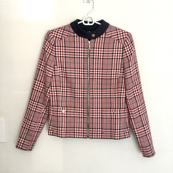 TOMMY HILFIGER Women's RED BLUE WHITE HOUNDSTOOTH Plaid Zip-Up Jacket Sz 4 - Picture 2 of 9